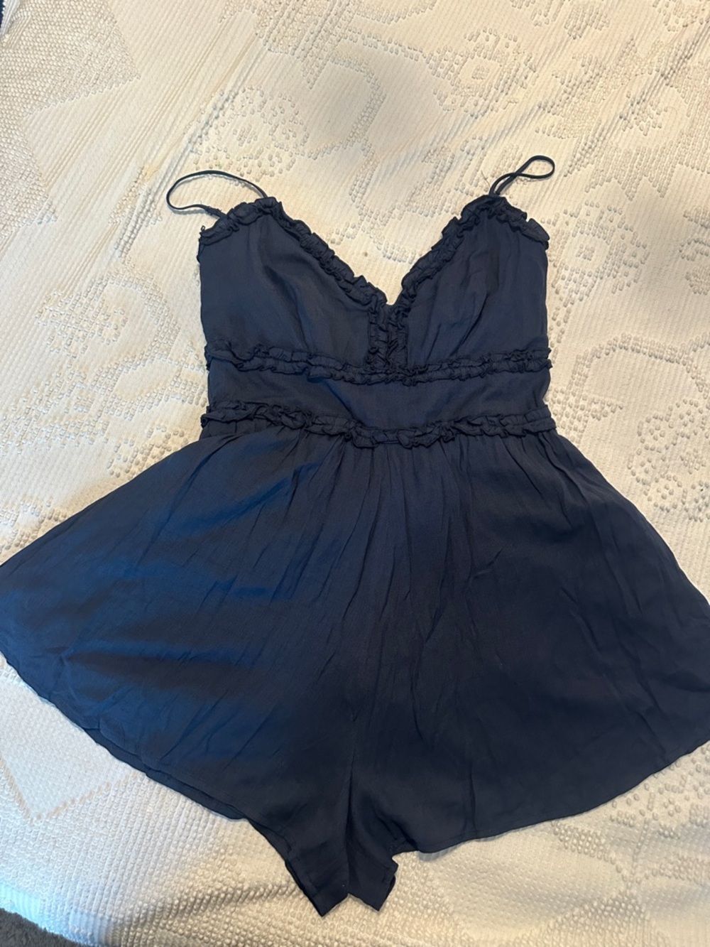 Women’s Navy Ruffle-Trim Romper